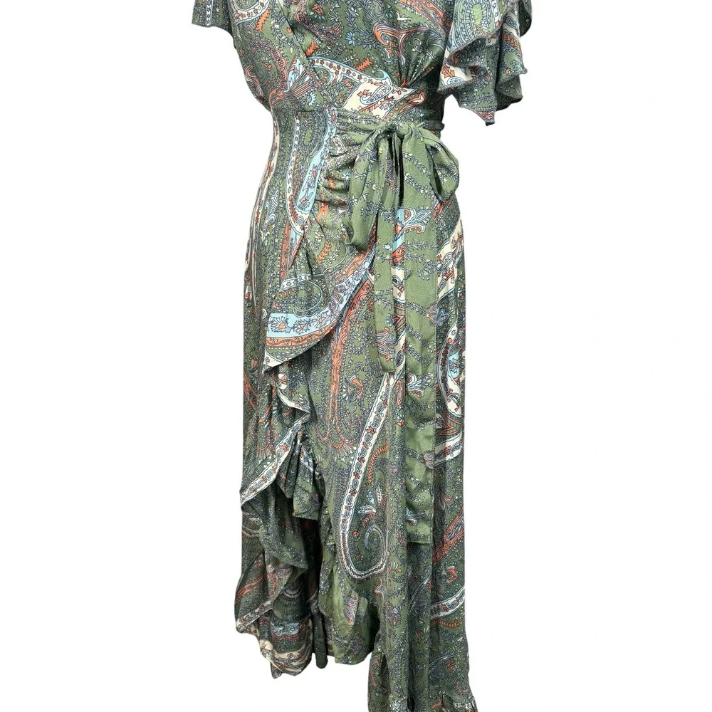 Perry Walker Silk Blend Paisley Print Wrap Maxi Ruffle Dress M Boho Coastal